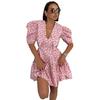 European and American Women's Clothing 2026 Summer New Sweet Vacation Wind Bubble Sleeves Deep V Ruffle Floral Dress