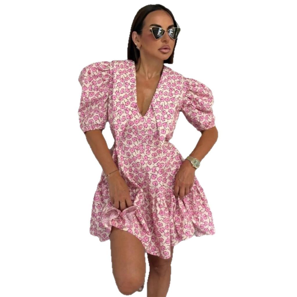 European and American Women's Clothing 2026 Summer New Sweet Vacation Wind Bubble Sleeves Deep V Ruffle Floral Dress