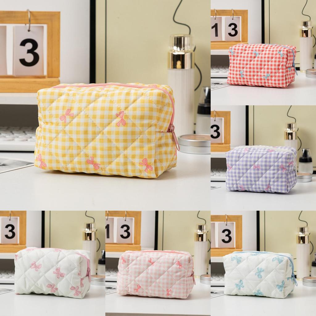 Korean Style Cotton Polyester Checkered Bow Makeup Bag With Zipper For Daily Use