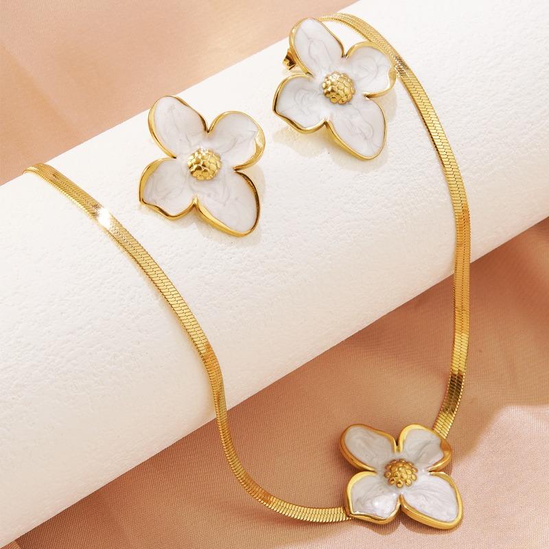 Elegant Party Stainless Steel Hibiscus Flower Stud Earrings Necklace for Women Girls Vintage Romantic Earrings Zircon Gifts