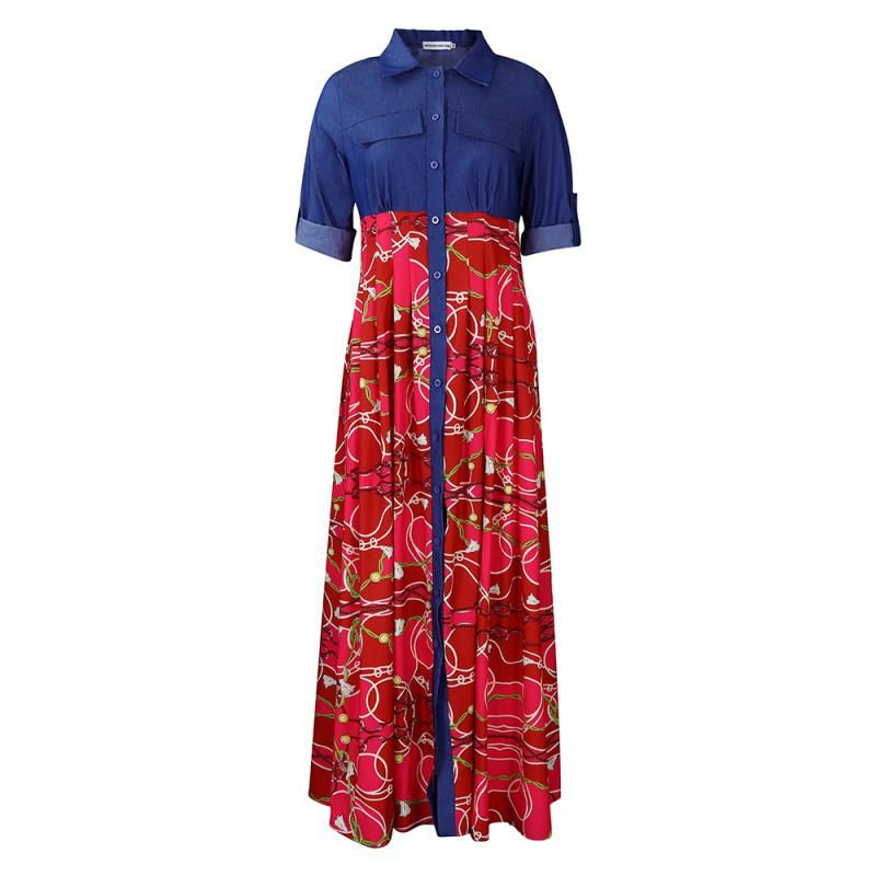 

New Large Size Women s Clothing Fashionable Casual Denim Splicing Printed Long Dress Swing L червоний