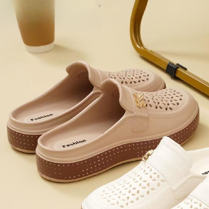 Шлепанцы на плоской подошве с открытым носом толстая подошва для улицы женские модные клоги удобный материал ЭВА 40-41 хаки 1390₽