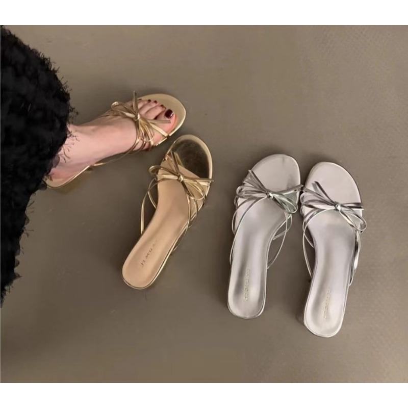 Fashion New Style Design Butterfly-kont Pleated Thin Low Heel Women Slippers Fashion Round Head Stripper Party Dress Female Summer Shoes