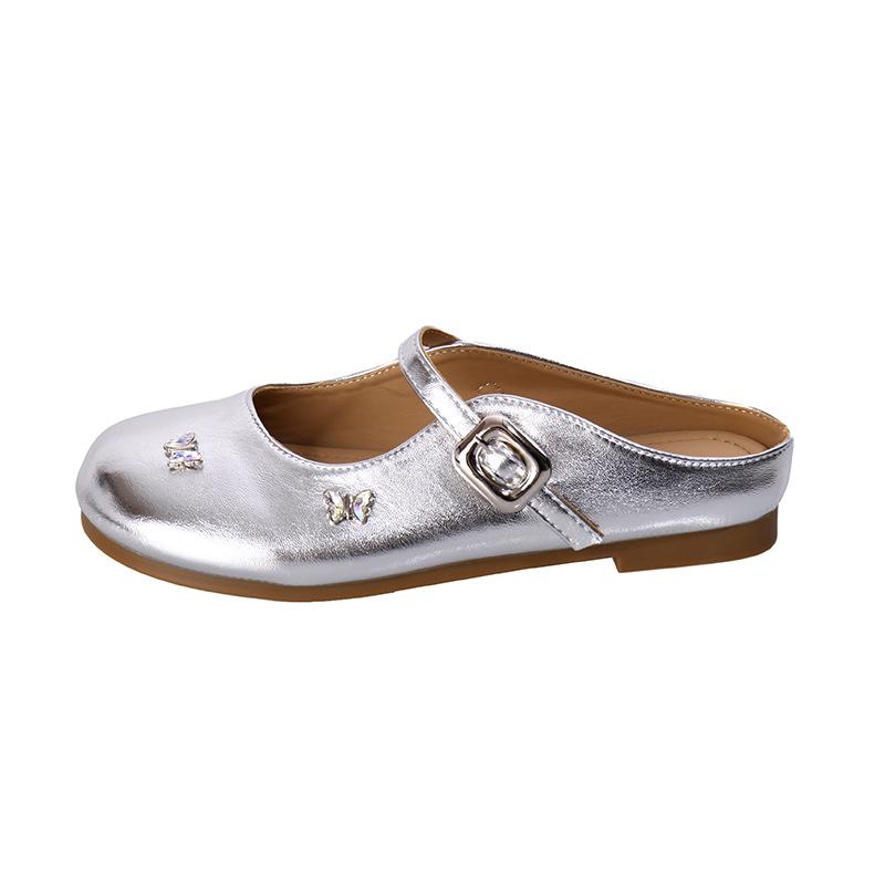 Rhinestone flower inner height increase small square head light mouth half slippers women's word with silver Mary Jane shoes women's slippers