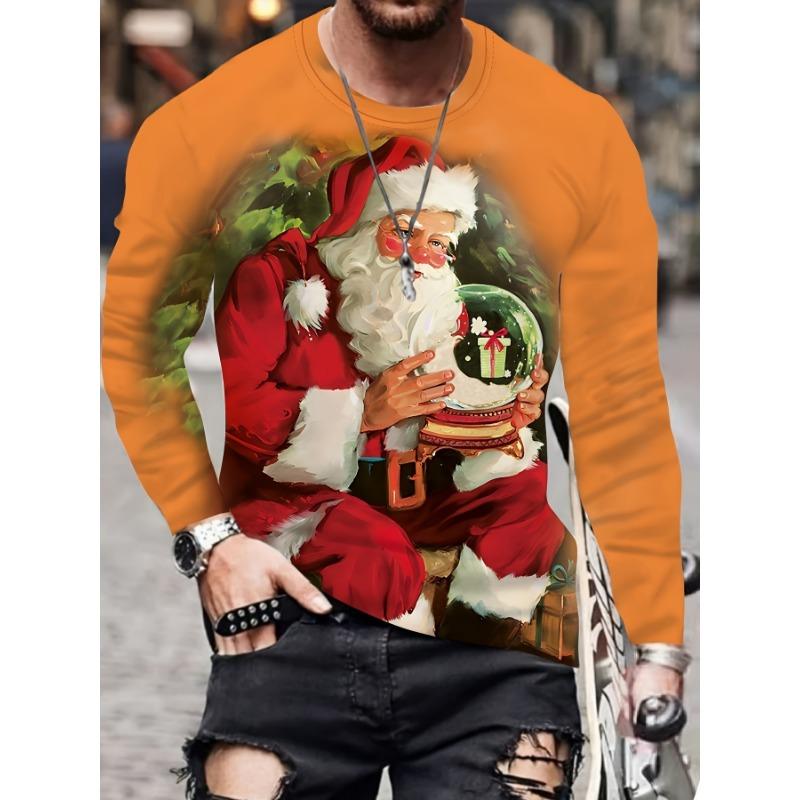 Camisetas de manga larga con estampado 3D de Papá Noel para hombre, camisetas con estampado de Papá Noel para fiesta de Navidad, moda informal para hombre, cuello redondo, manga larga