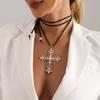 Inlaid Baroque Pearl Exaggerated Cross Flannel Rope Necklace Adjustable Drawstring Necklace