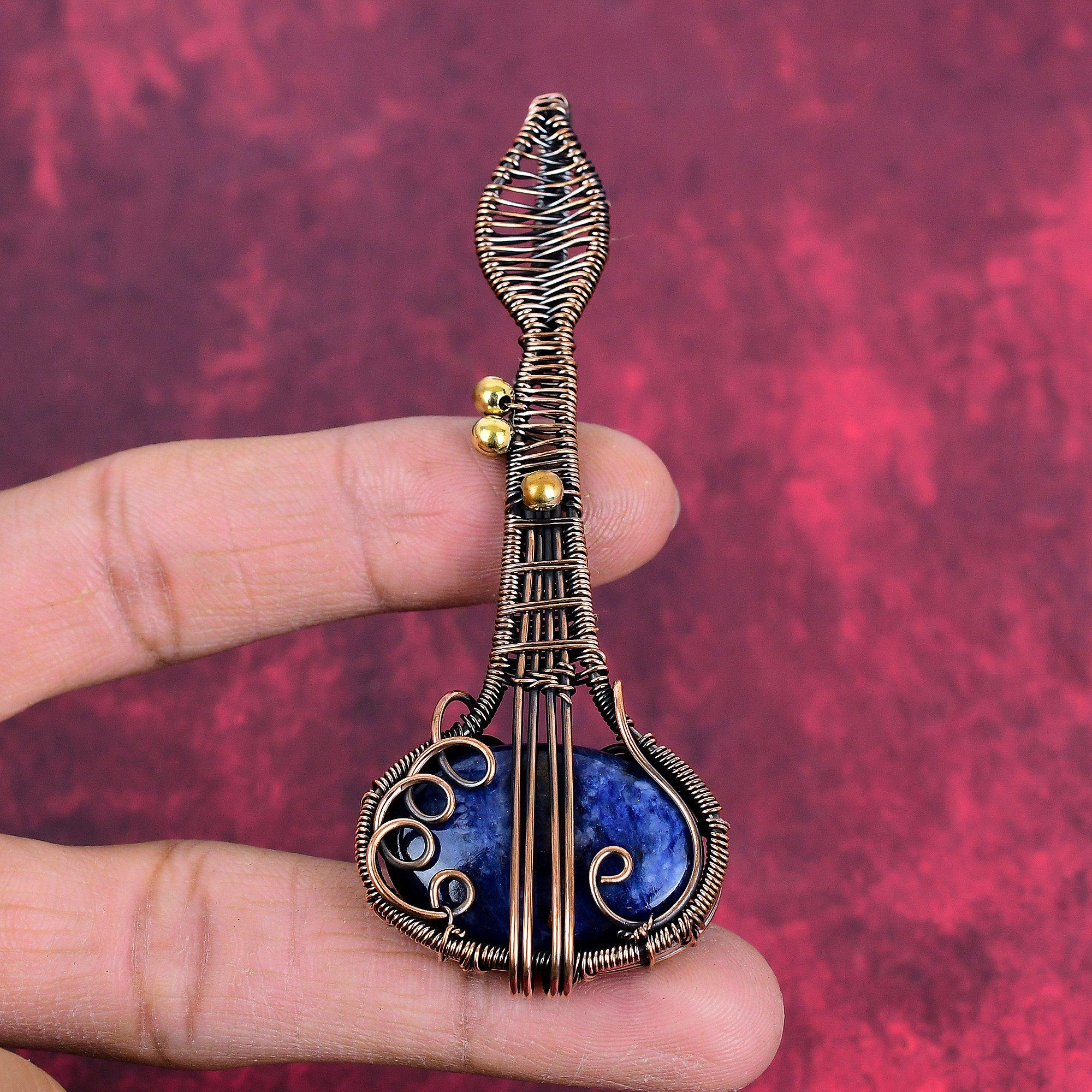 Sodalite pendant copper wire wrapped pendant natural gemstone pendant copper wire wrap antique jewelry handmade guitar pendant gifts for her