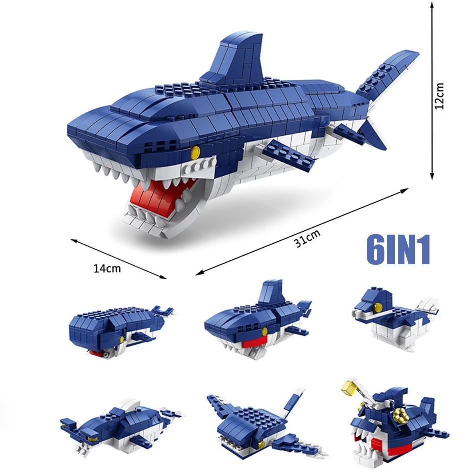 1000 Stück 6 in 1 Ozeanhaie Meereswelt Bausteine Unterwassertiere Wale Seepferdchen Kreation Ziegelsteine Pädagogisches Spielzeug für Kinder