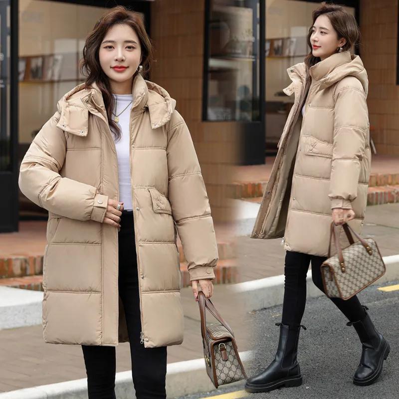 Winter Women Medium Long Jacket Parkas Female Down Cotton Jackets Solid Hooded Casual Warm Parka Female Outwear Overcoat