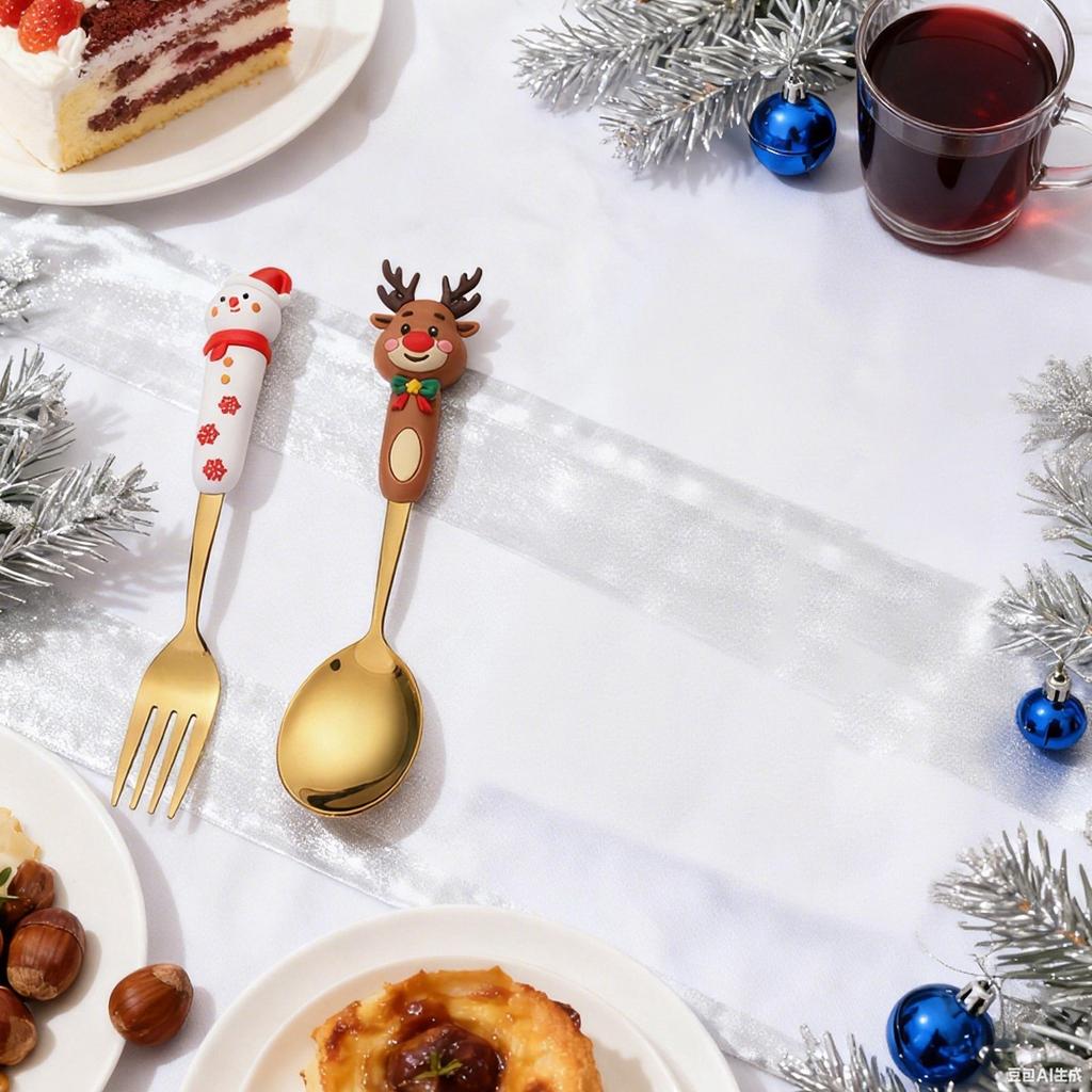 4 Piece Christmas Cutlery Set  Christmas Tree, Christmas, Snowman, Tea Fork, Soup Fork, Coffee Fork, Stirring Spoon, Fruit Fork, Meat For