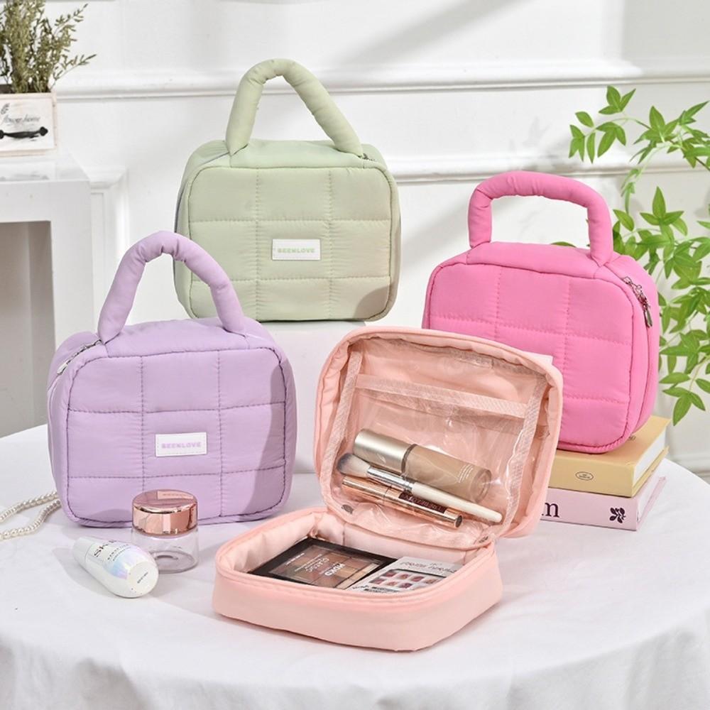 Large Capacity Hand-held Makeup Bag Quilted Portable Toiletry Bag Puff Square Cosmetic Bag  Home