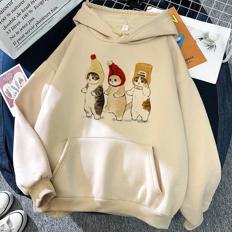 New Black Long Sleeve Hoodie Tops Woman Cat Shark Hooded Sweatshirts Funny Animal Cartoon Printing Graphic Pullover Streetwear
