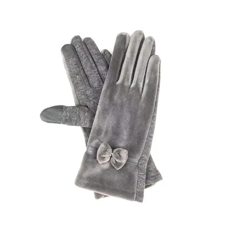 

Новые женские перчатки из норкового бархата с бантом, зимние, новые женские перчатки с сенсорным экраном для кончиков пальцев, взрослые теплые перчатки серый