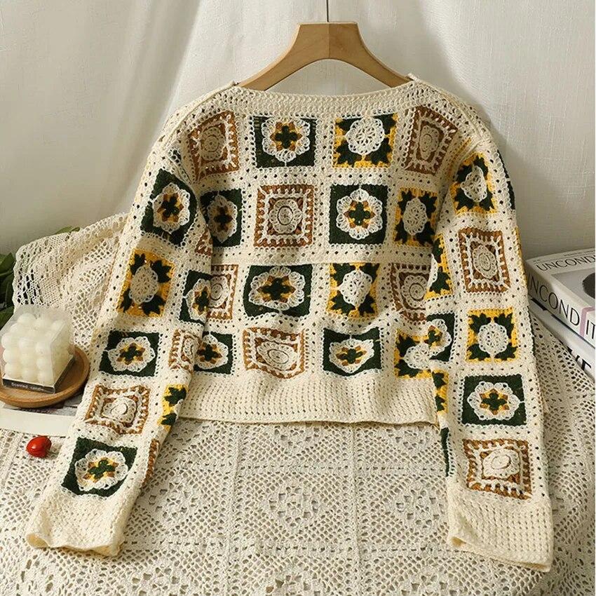 Retro etnické háčkování Pletené topy Ženy Květinové výšivky Pletené Svetry Svetry Dámské 2024 Jaro Podzim Pletený Kabát Boho