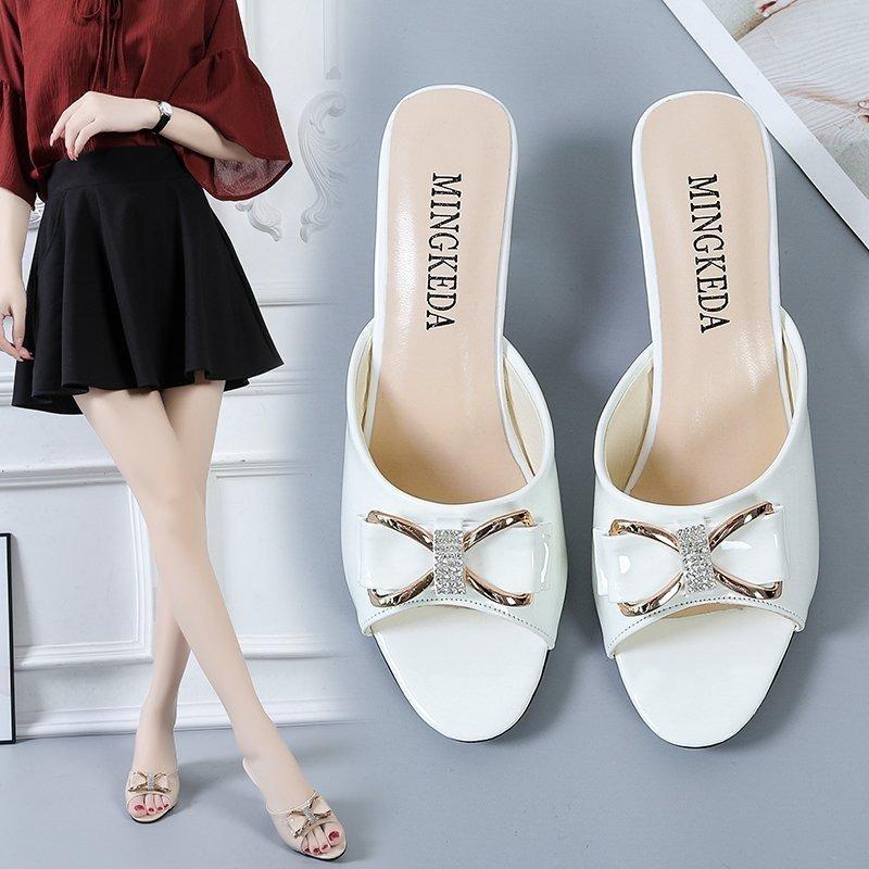 Summer new thin heel medium heel fish mouth bow one word women's versatile large size slippers