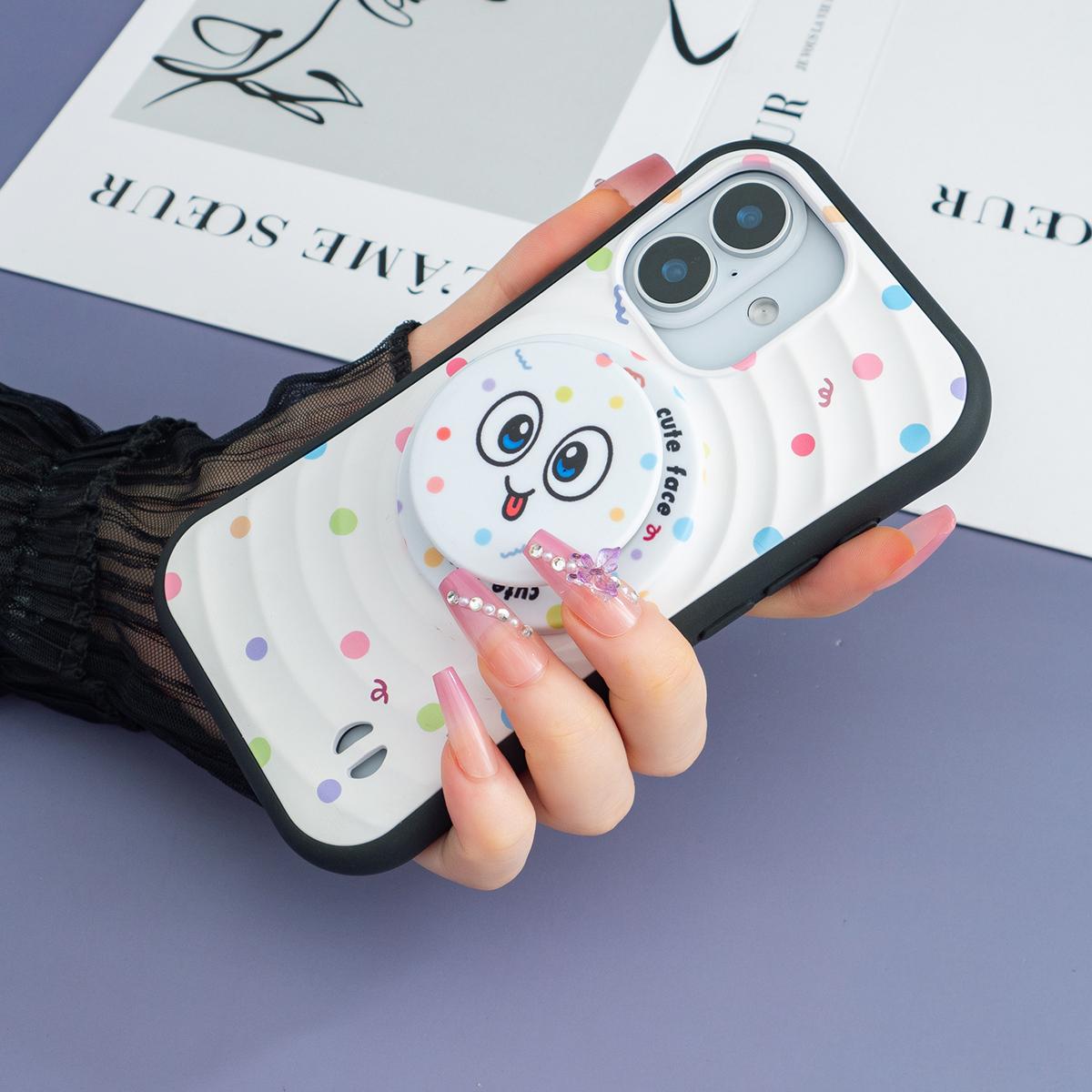 

Магнитный чехол с попсокетом для iPhone 16 Pro Max 15 14 Plus 13 12, устойчивый к падениям, противоударный, милый мультяшный смайлик iPhone 15 Pro Max белый