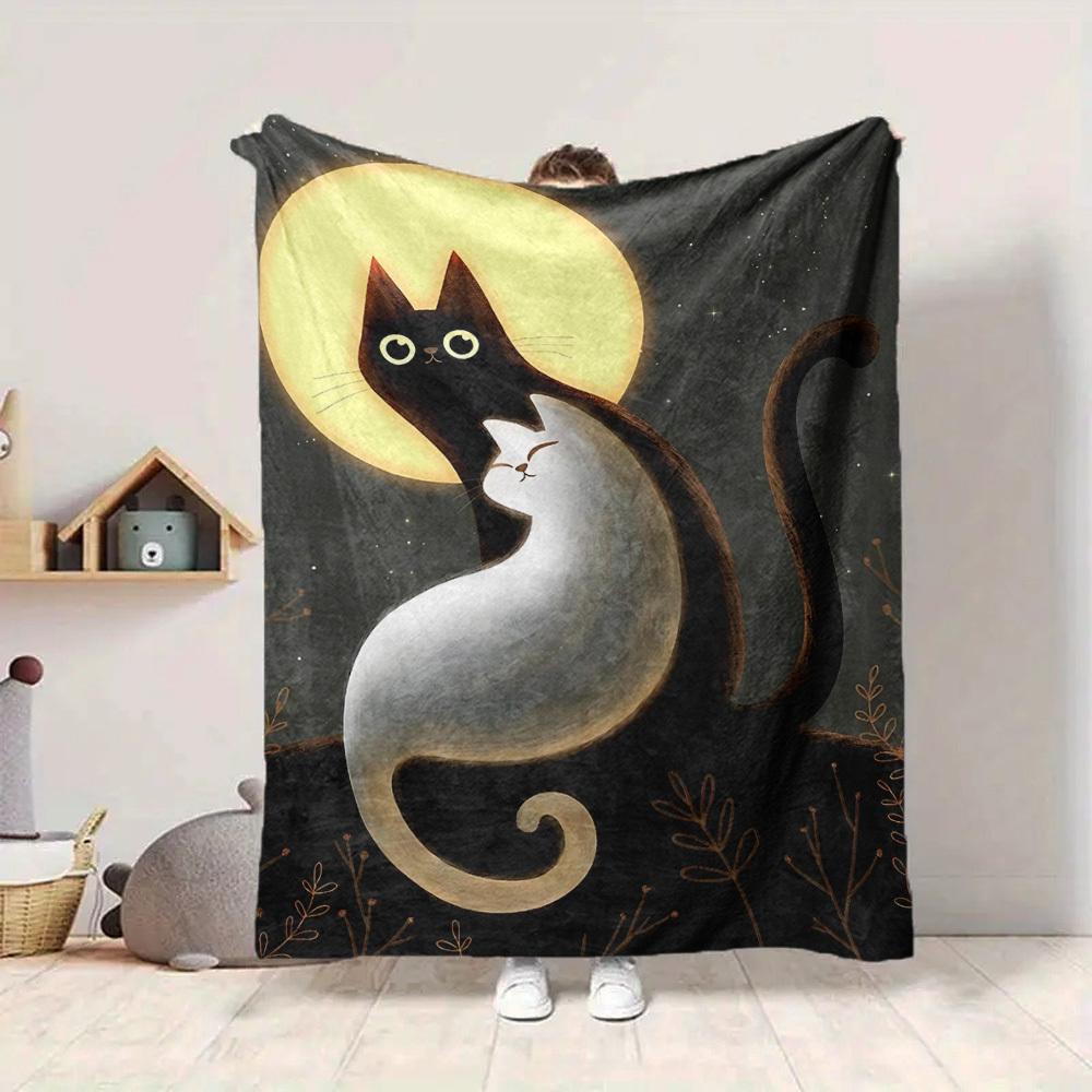 1pc Night Cats Print Blanket - Lightweight Flannel Blanket For Sofa, Bed, Living Room, Office, Outdoor Travel, Camping, Soft 050