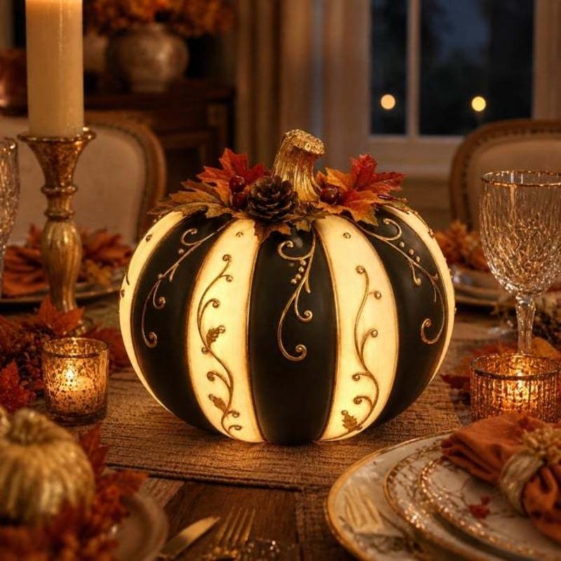 Battery-Operated Lighted Pumpkin Decors with Warm Glowing, Resin Body, Pinecones and Fall Leaf Accent for Halloween and Thanksgiving Displays