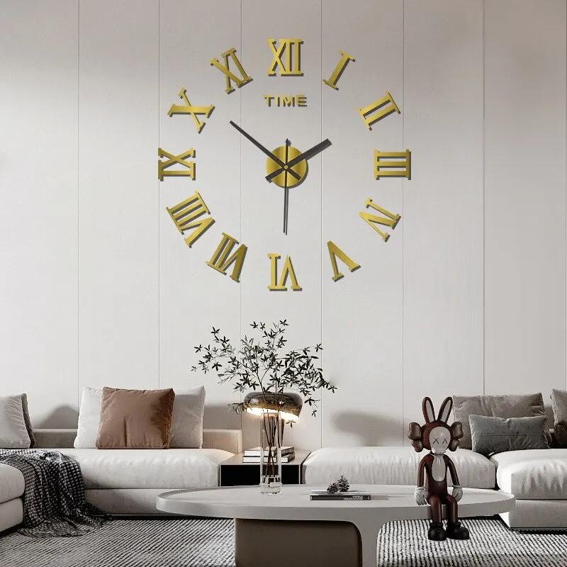 

3D Acrylic Digital Wall Clock Roman Numerals Design Mirror Wall Clock Fashion Large Round Wall Clock DIY Self Adhesive Clocks золотой
