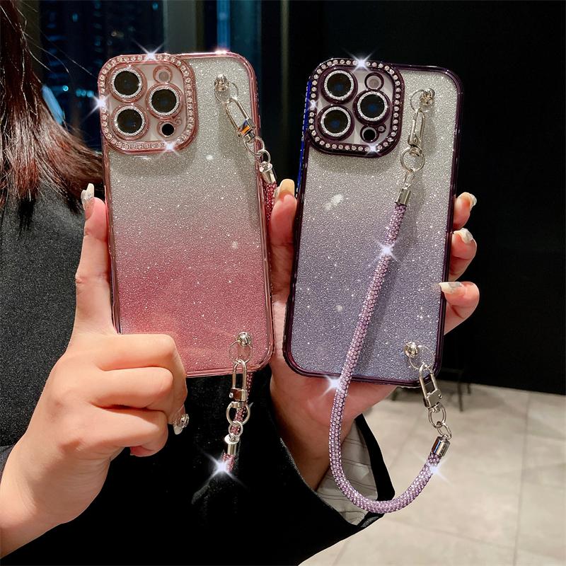 For iPhone 16 Pro Max Luxury Flash Diamond Chain Plating Frame Phone Case For iPhone 11 12 13 14 15 Plus Lens Protective Cover