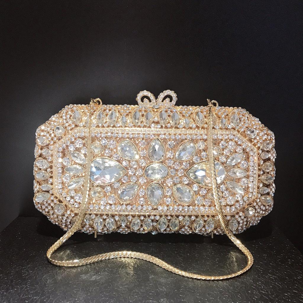 WHTUOHENG Borsa Bianca Grande Strass Metallo Dorato Diamante Cristallo Borsa da Matrimonio Moda Mini Ragazza Telefono Pochette da Sera Borse