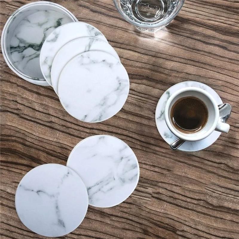 6 Pcs Home Kitchen Marble Pattern Cup Coaster Creative Round Edge Cup Mat Drink Mat Pu Leather Cup Pad Thermal Insulation