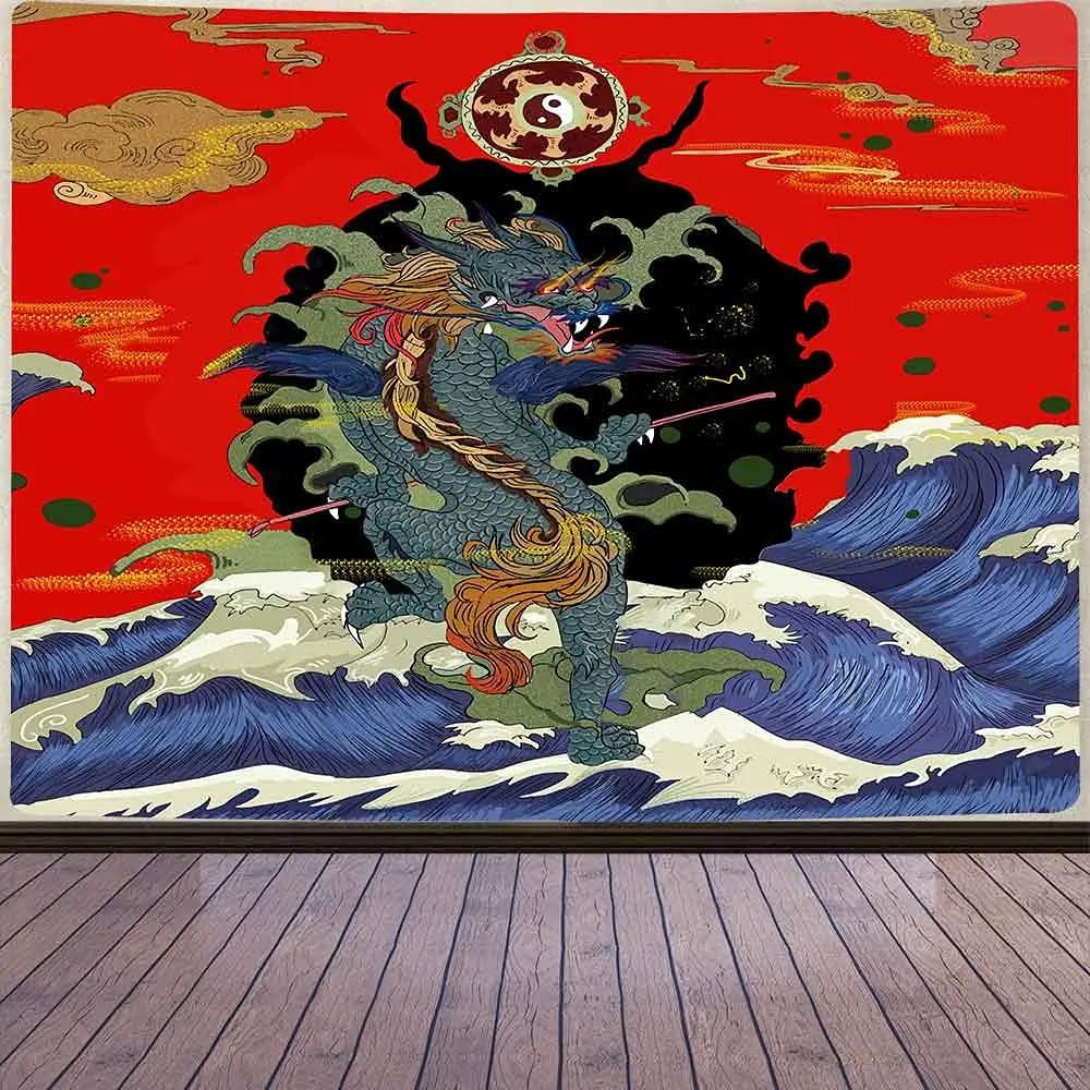 Drachenkunst Wandteppich Chinesische Mythologie Legende Wandteppich Fantasy Drachen Wandteppich Wandbehang für Schlafzimmer Wohnzimmer Heimdekoration