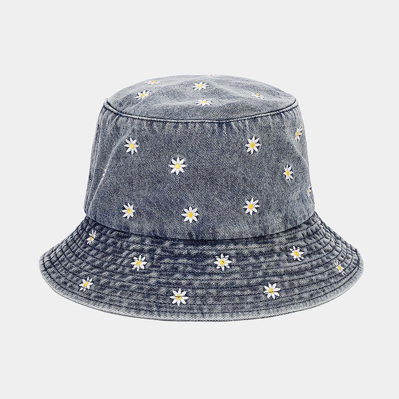 Fashion Girl Y2K Floral Embroidered Denim Bucket Hat Korean Style Foldable Sun Panama Hat for Women Summer Outdoor Casual Cap