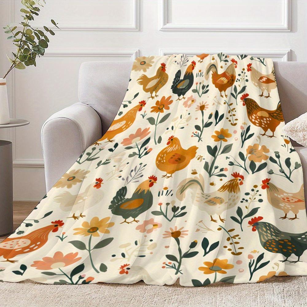 1pc Chicken Element Blanket, Vintage Illustration Style, Chickens On The Farm, Flowers, Plants, Animals, Birds, Soft And Warm Pr