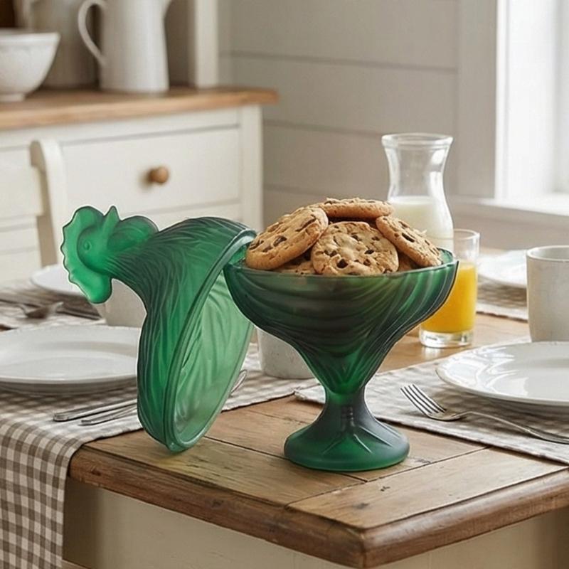 Glass Rooster Sculpture Candy Jar Dish With Lid Multifunctional Covered Bowl Dessert Plate Easter Farmhouse Decors Gift