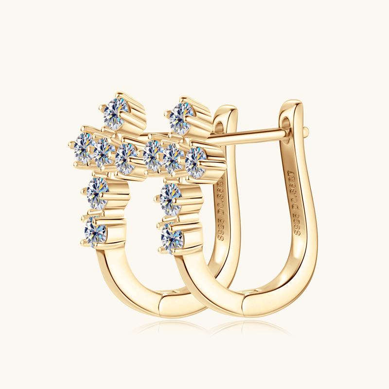 Silvere Glam Cross-border Best-selling Cross-shaped Moissanite Earrings, Women's U-shaped Personalized Hip-hop Ear Clips, Silver Gold-plated Earrings