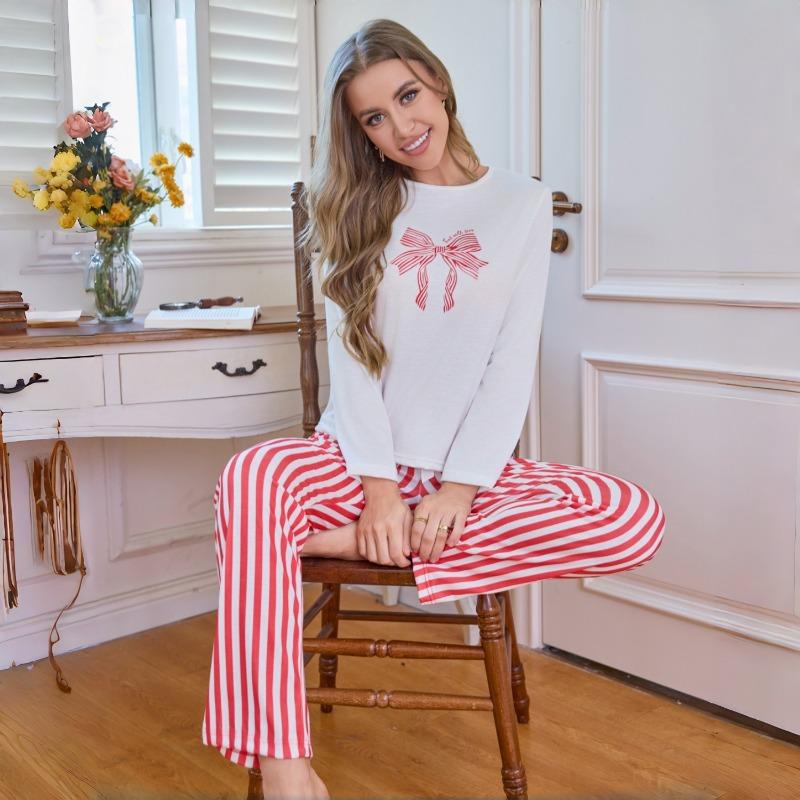 Women's Pajamas Heart-Shaped Bow Casual and Stylish Long-Sleeve Top and Long Pants Loungewear Set for Women