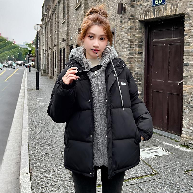 

Cotton-padded Women s Short Winter Loose Lamb Wool Hooded Fake Two-piece Thick Coat XXL чорний