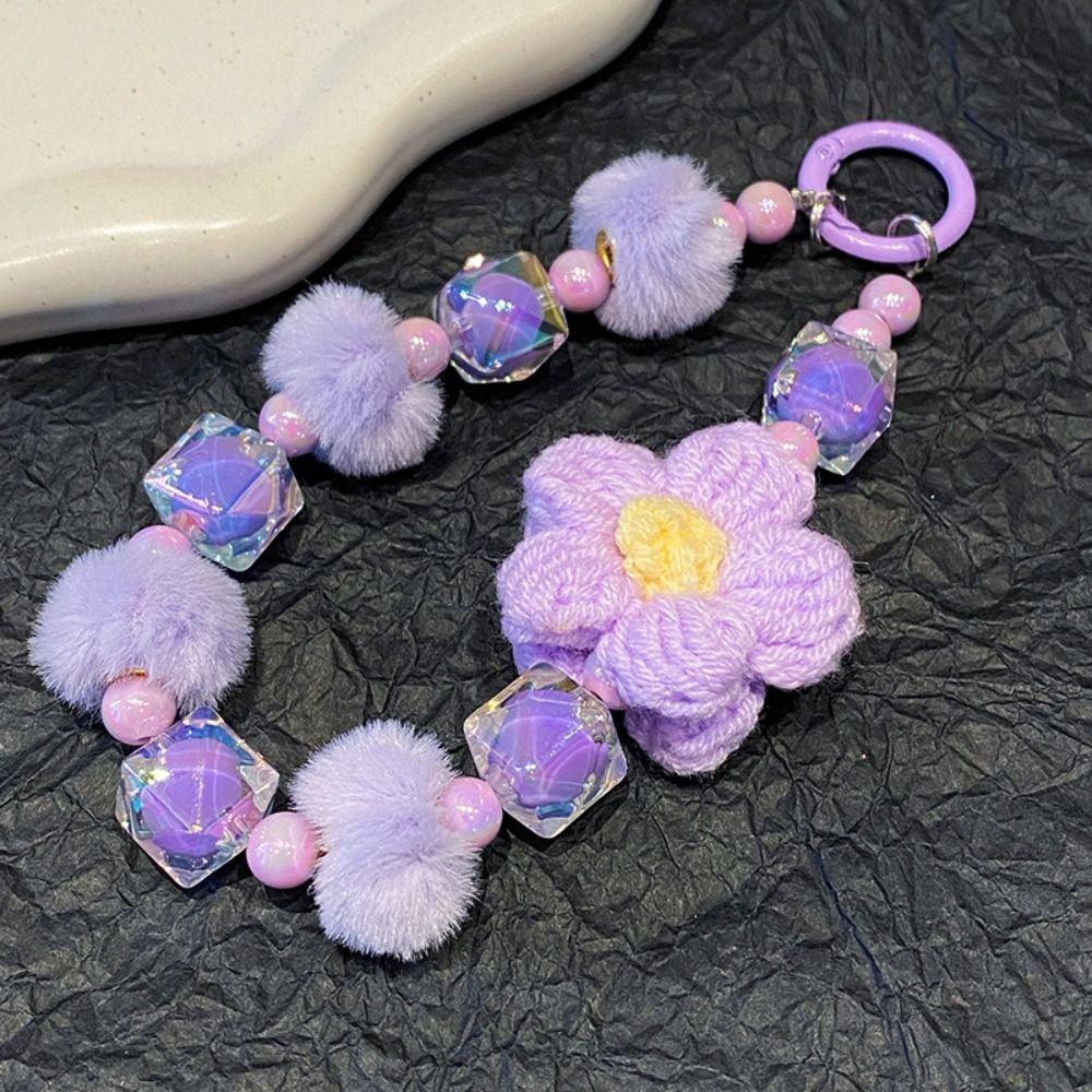 Sweet Knit Beads Keychain Flower Car Key Ring Cute Beaded Phone Strap  Gift
