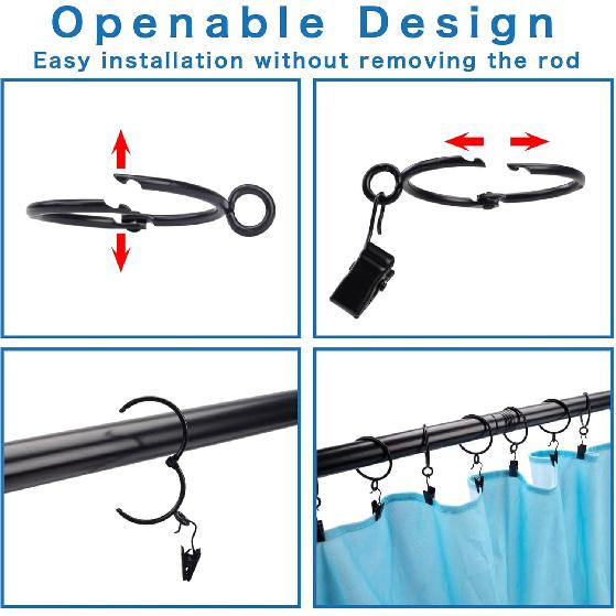 Openable Curtain Rings with Eyelets, 1inch Heavy Duty Rustproof Metal Drapery Rings,Shower Curtain Rings 24pcs Black Zocang