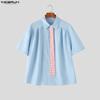 INCERUN Oversized Men Tie Neck Short Sleeve Button Up Casual Loose Shirts Tops