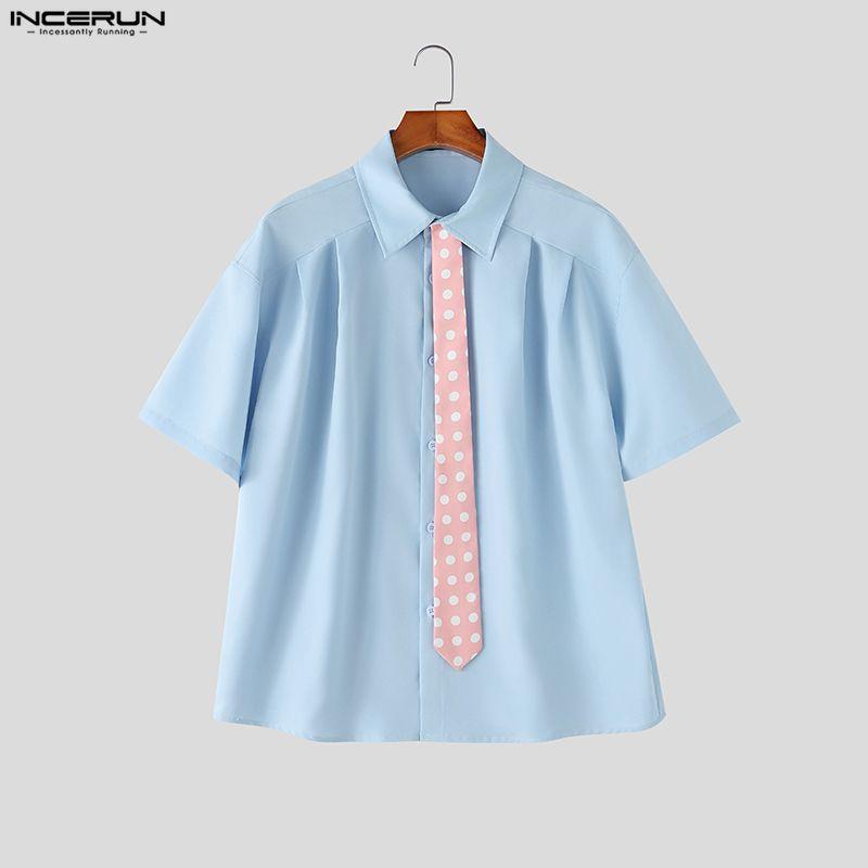 INCERUN Oversized Men Tie Neck Short Sleeve Button Up Casual Loose Shirts Tops
