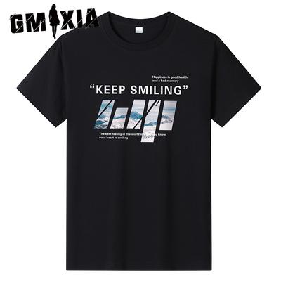 Camiseta de Algodão Manga Curta Masculina Moda Solta Manga Média Estampada