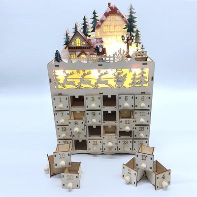 Christmas Snowman Wooden Advent Calendar Countdown Decoration 24 Drawers with LED Light Ornament IYI