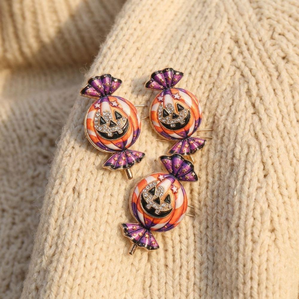 Zinc Zinc Alloy Halloween Pumpkin Candy Brooch Pin Shining Rhinestone Lapel Pin  For Women Unisex