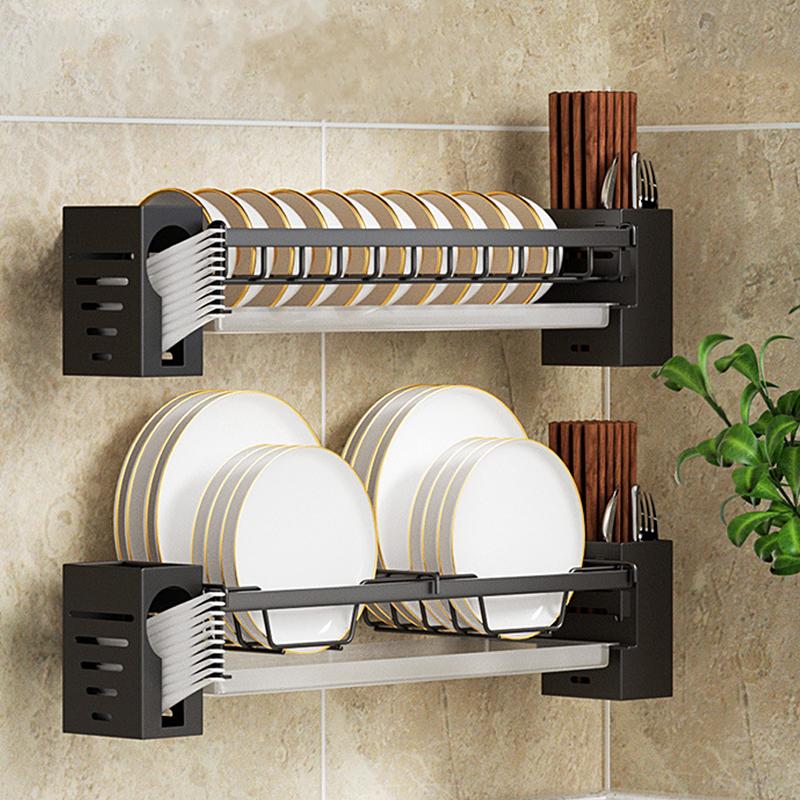 

Dish Rack Punch-free Kitchen Organizer Storage Drying Shelf Wall-mounted Multifunction Drain Chopsticks Spoon Tableware Holder bowl Rack