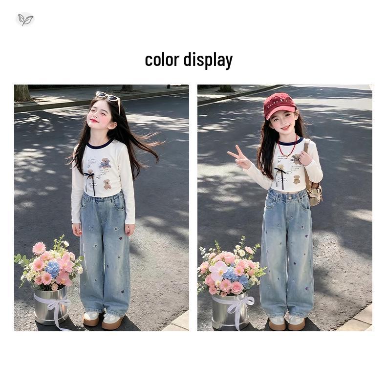 Girls' 2026 Autumn Two-Piece Set: Long-Sleeve T-Shirt & Printed Jeans