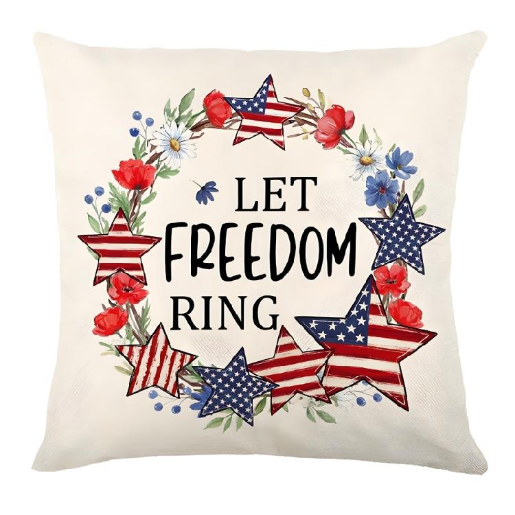 Star Striped Flower Wreath Throw Pillow Case 4th of July Patriotic Independence Memorial Day US Flag Cushion Cover
