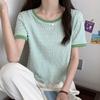 Women Summer Short Sleeve Round Collar Solid Color Pullover T Shirt Blouse Top