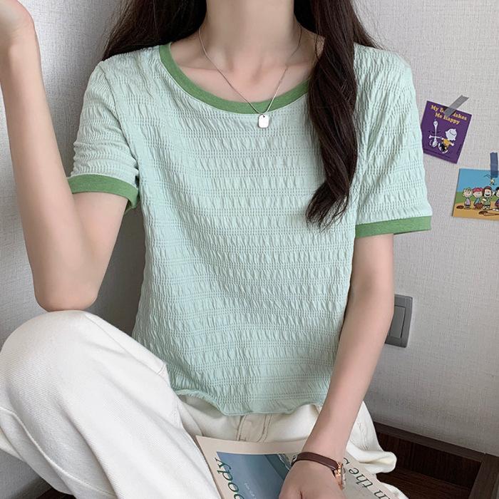 Women Summer Short Sleeve Round Collar Solid Color Pullover T Shirt Blouse Top