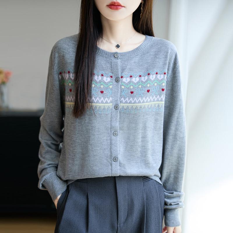 Women's Autumn 2025 Jacquard Round Neck Long Sleeve Knit Cardigan Jacket