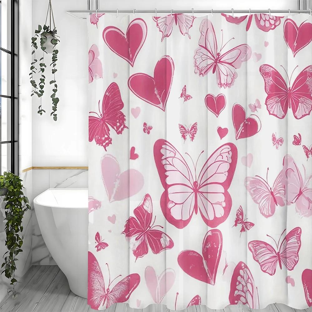 Valentine'S Day Pink Butterfly Heart Shower Curtain, Bathroom Decorative Shower Curtain, Waterproof Shower Curtain With Hooks