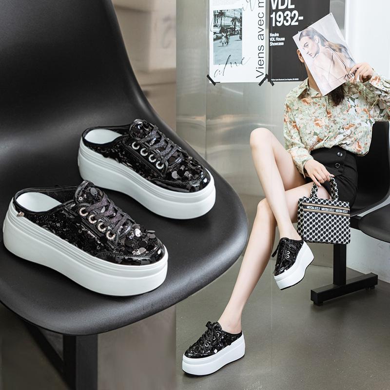 Baotou half slippers women's 2025 new summer thick-soled sequins mesh without heel outer wear slippers to increase height and show thinness women