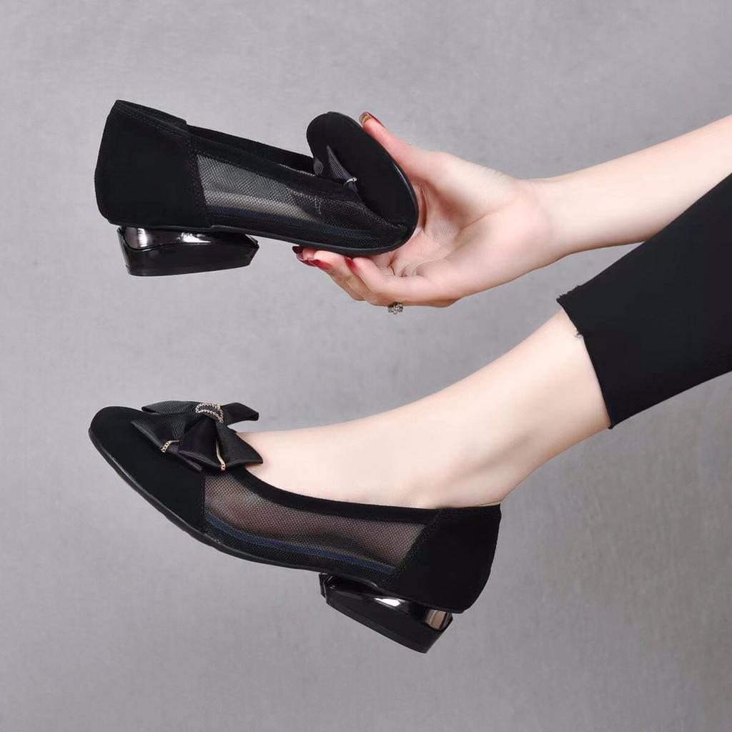Damskie letnie sandały Bow Pointed Toe Pumps Modne szpilki Mesh Medium Heel Hollow Large Size Shoes