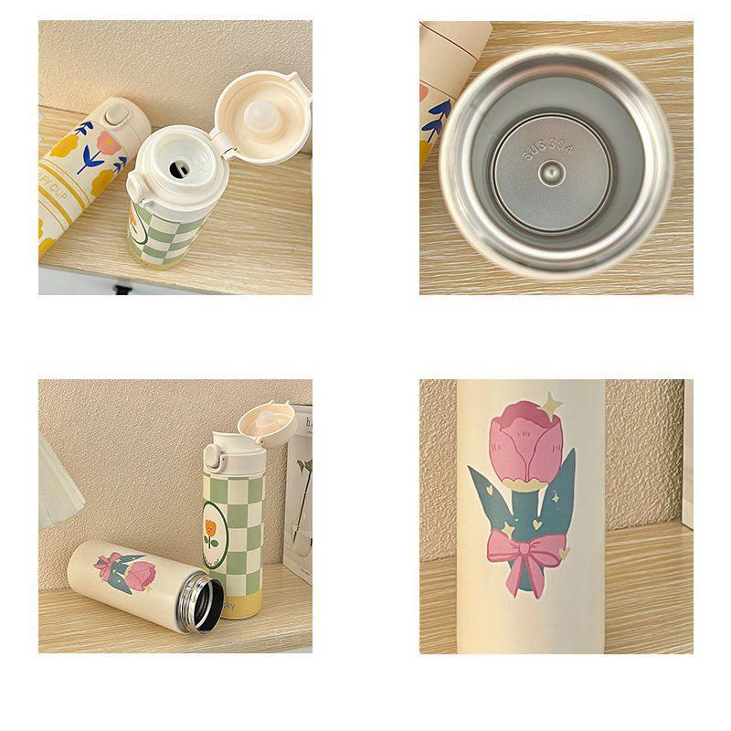 Stainless Steel Insulated Cup Cute Cartoon Flowers Korean Version Tulip Thermos Cup with Lid Portable Simple Water Drink Bottle